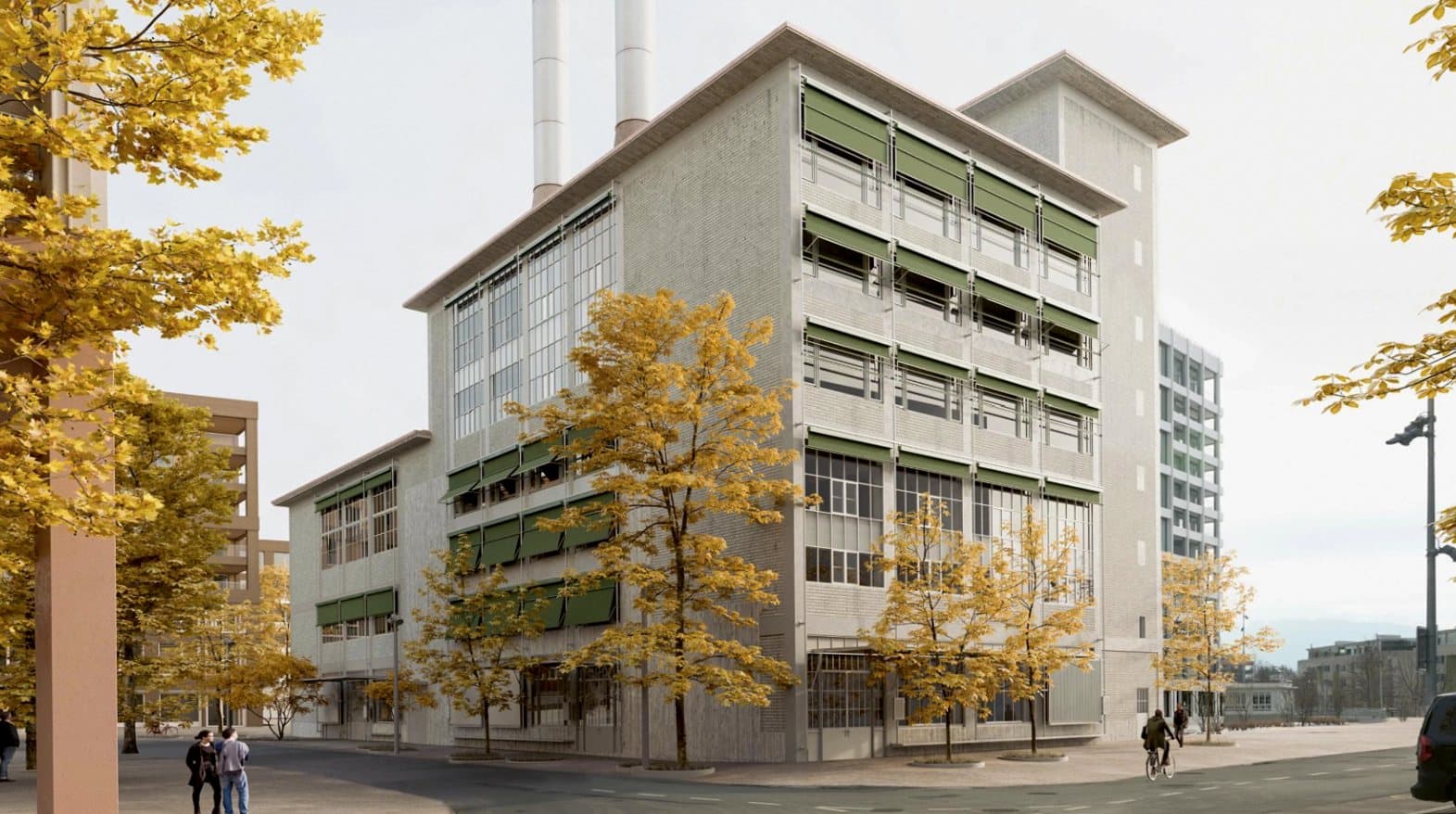 Visualisierung des umgebauten Kesselhauses mit zwei Kaminen im Herbst