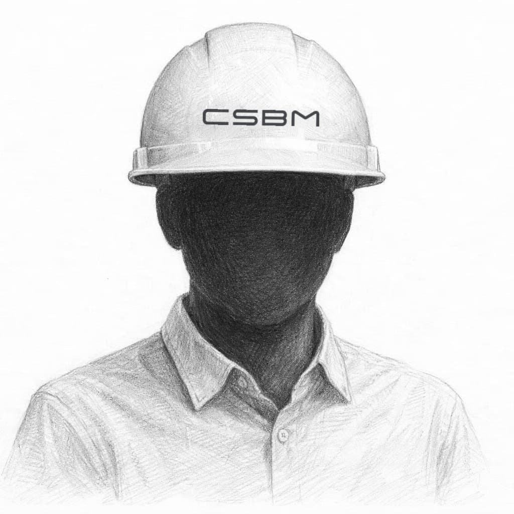 Bleistiftskizze: Bauleiter mit CSBM-Schutzhelm